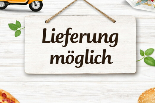 Zustellgebiet mit Hinweis auf Lieferung möglich sowie Pizza und Burger als Symbol für Lieferservice